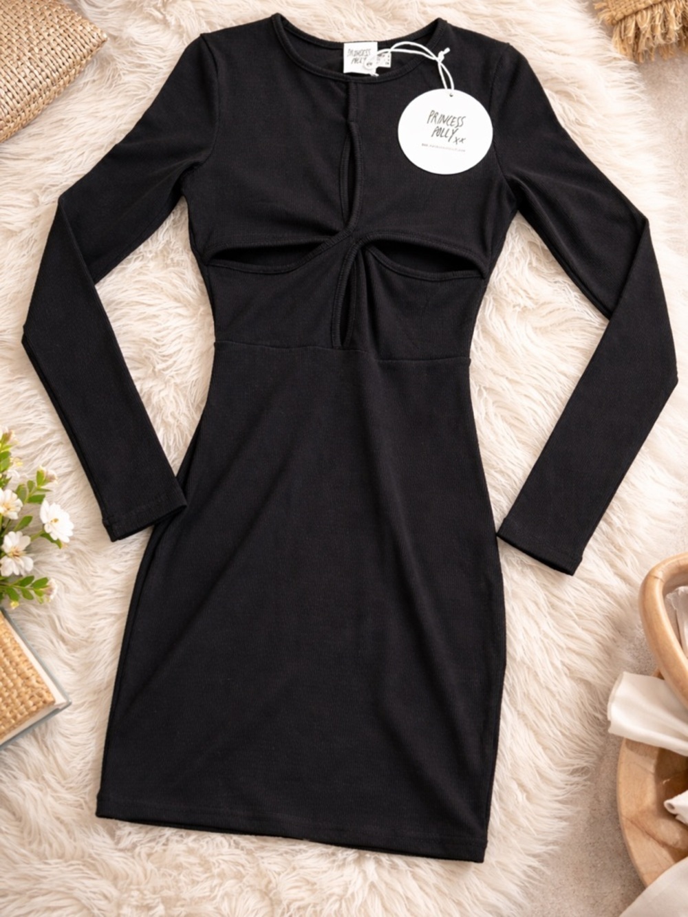 Princess Polly Moonlight Mini Dress Black Cutout Ribbed NWT US 4 AU 8